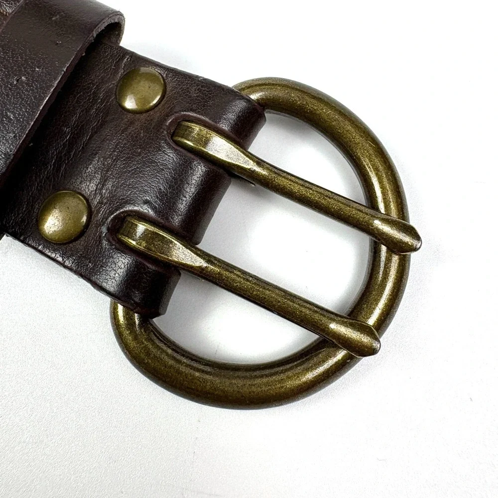 Old Navy Interlocking Chain Genuine Leather Belt Womens‎ Sz XS/S Brown Brass Dbl